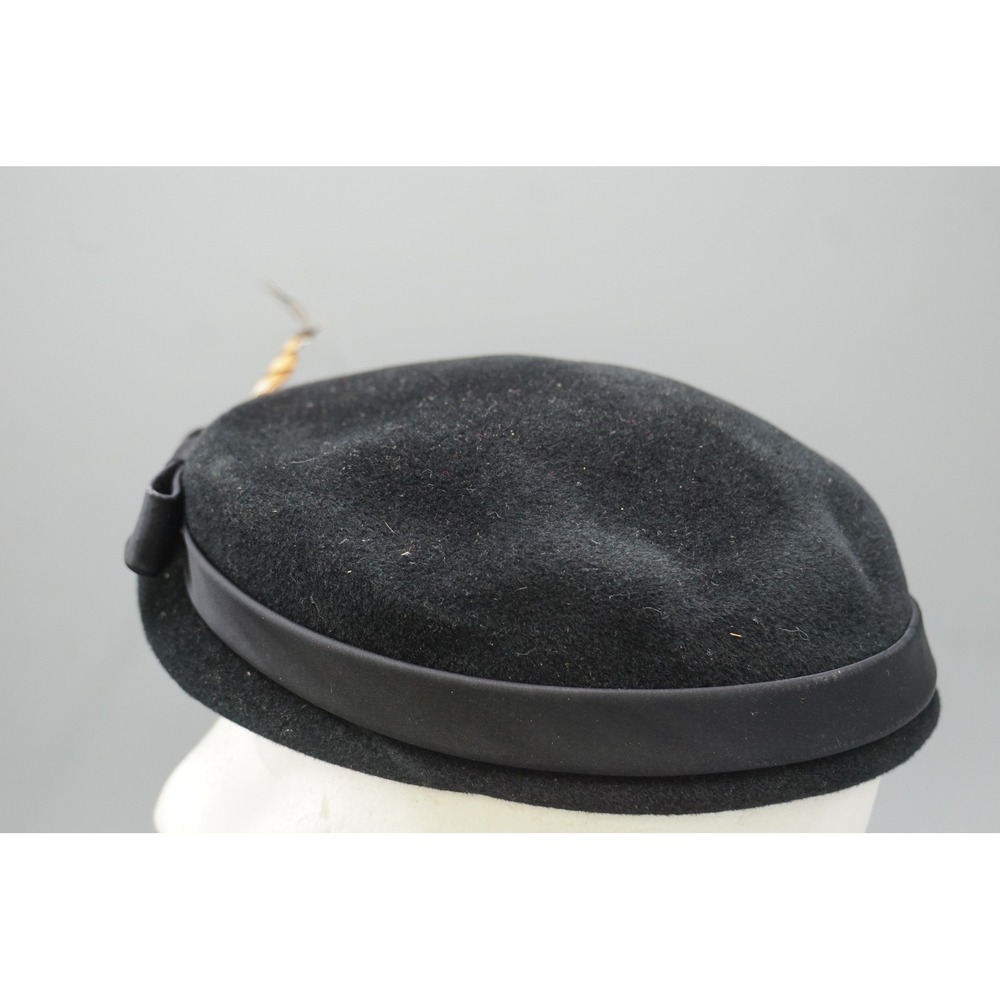 Vintage Black Wool Felt Pillbox Hat with Bow and Feather Accent 21 Inch - Picture 2 of 5